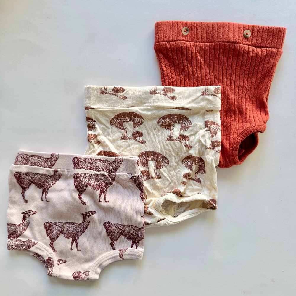 Kate Quinn Bloomer Bundle (3) | Ribbed Rust, Mushroom, Sheep Print | 6–12M | GUC